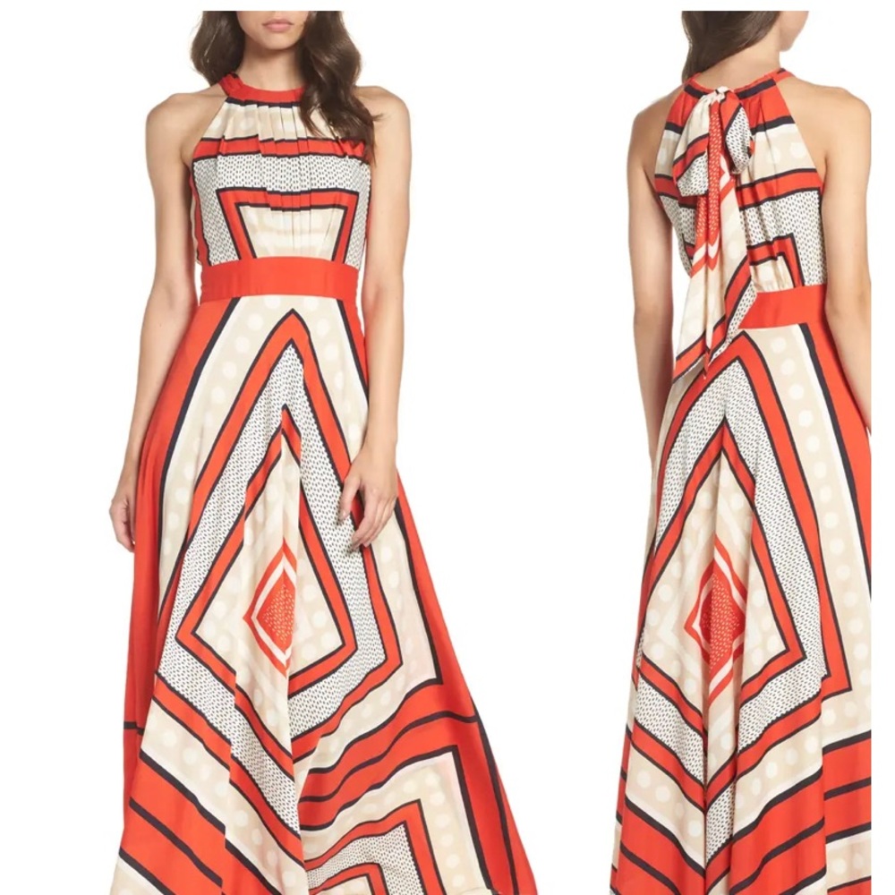 Eliza J “Scarf Print Crêpe de Chine Fit & Flare Maxi Dress”